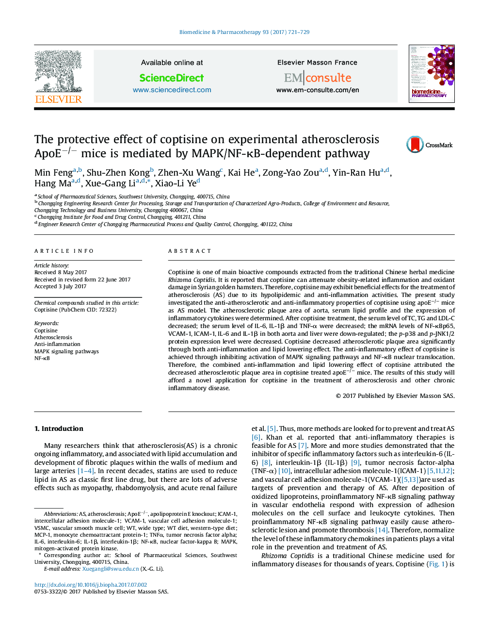The protective effect of coptisine on experimental atherosclerosis ApoEâ/â mice is mediated by MAPK/NF-ÎºB-dependent pathway