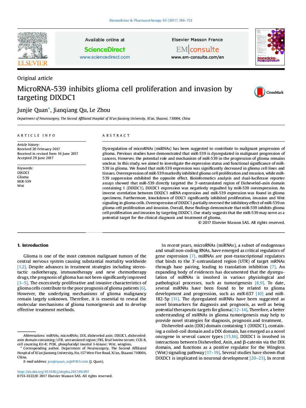 MicroRNA-539 inhibits glioma cell proliferation and invasion by targeting DIXDC1