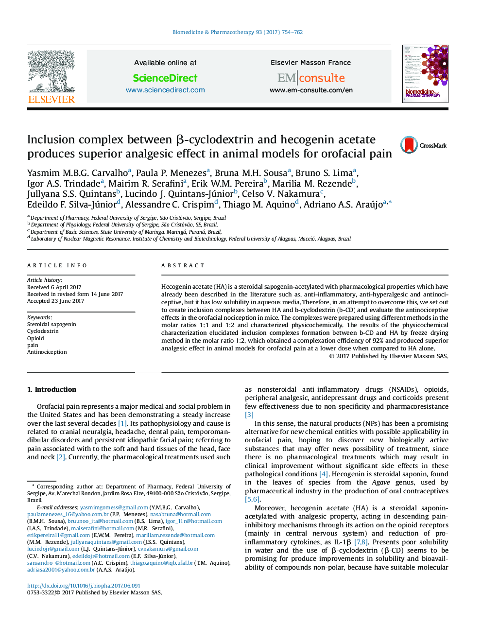 Inclusion complex between Î²-cyclodextrin and hecogenin acetate produces superior analgesic effect in animal models for orofacial pain