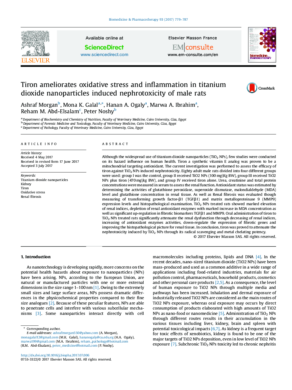 Tiron ameliorates oxidative stress and inflammation in titanium dioxide nanoparticles induced nephrotoxicity of male rats