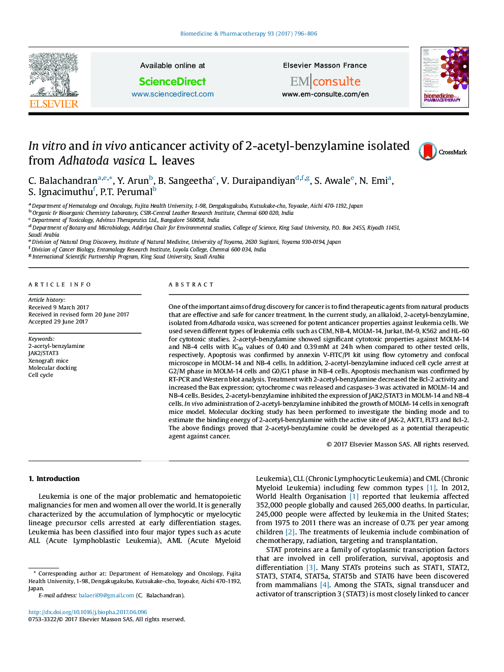 In vitro and in vivo anticancer activity of 2-acetyl-benzylamine isolated from Adhatoda vasica L. leaves