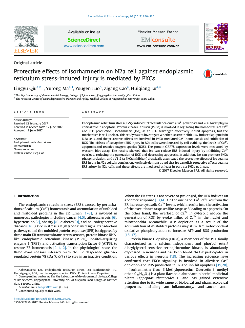 Protective effects of isorhamnetin on N2a cell against endoplasmic reticulum stress-induced injury is mediated by PKCÎµ