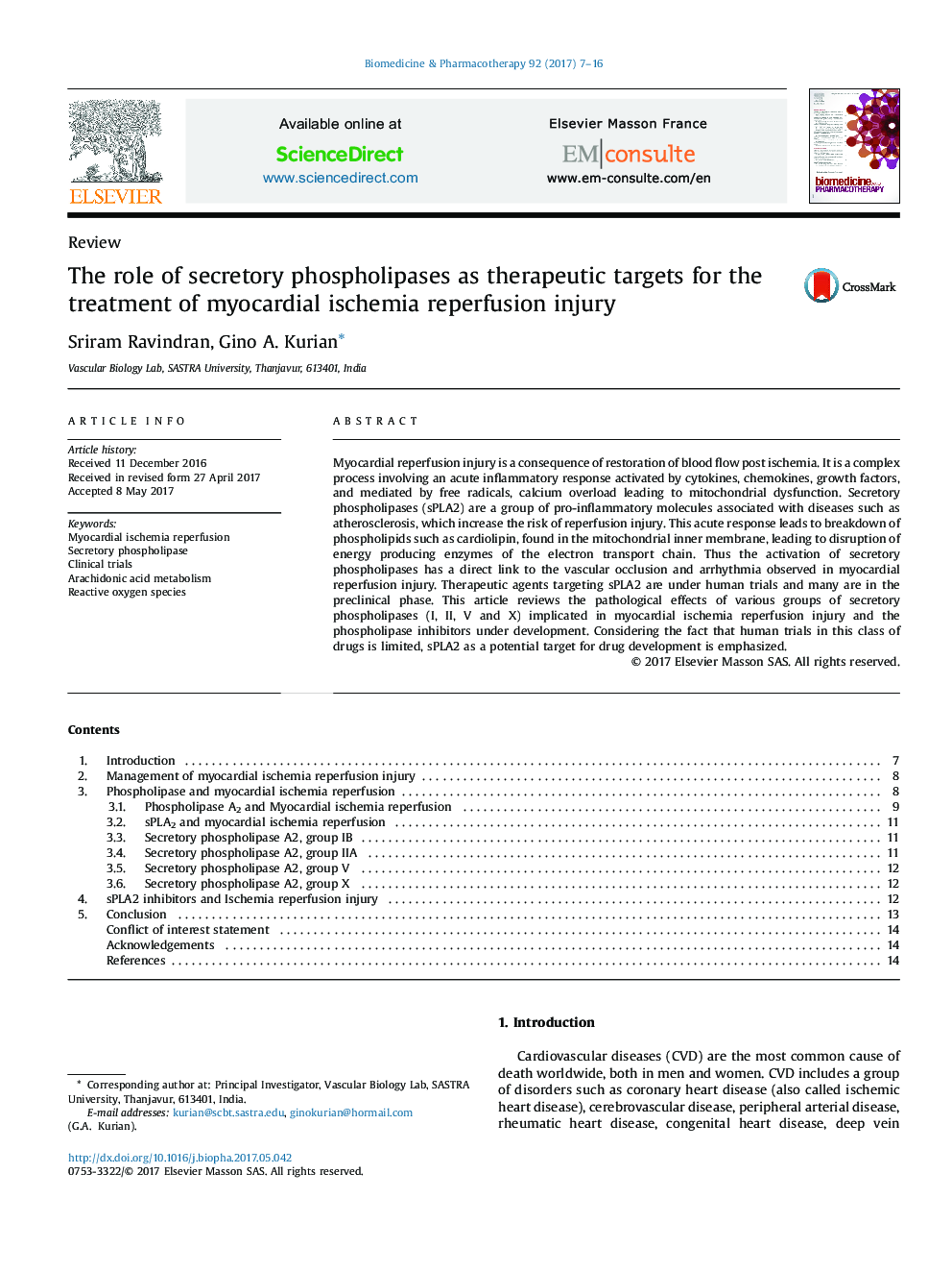 The role of secretory phospholipases as therapeutic targets for the treatment of myocardial ischemia reperfusion injury