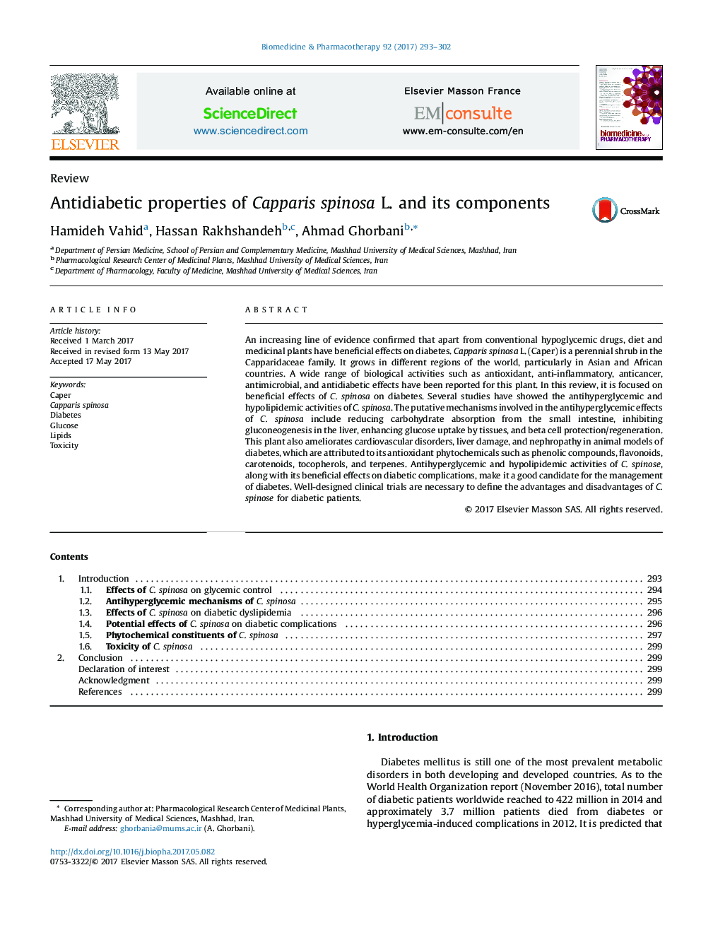 Antidiabetic properties of Capparis spinosa L. and its components