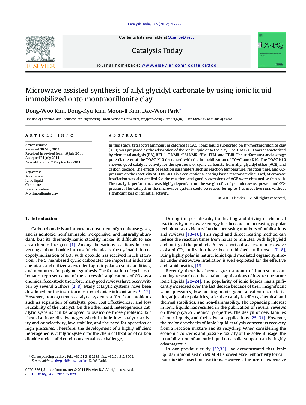 Microwave assisted synthesis of allyl glycidyl carbonate by using ionic liquid immobilized onto montmorillonite clay