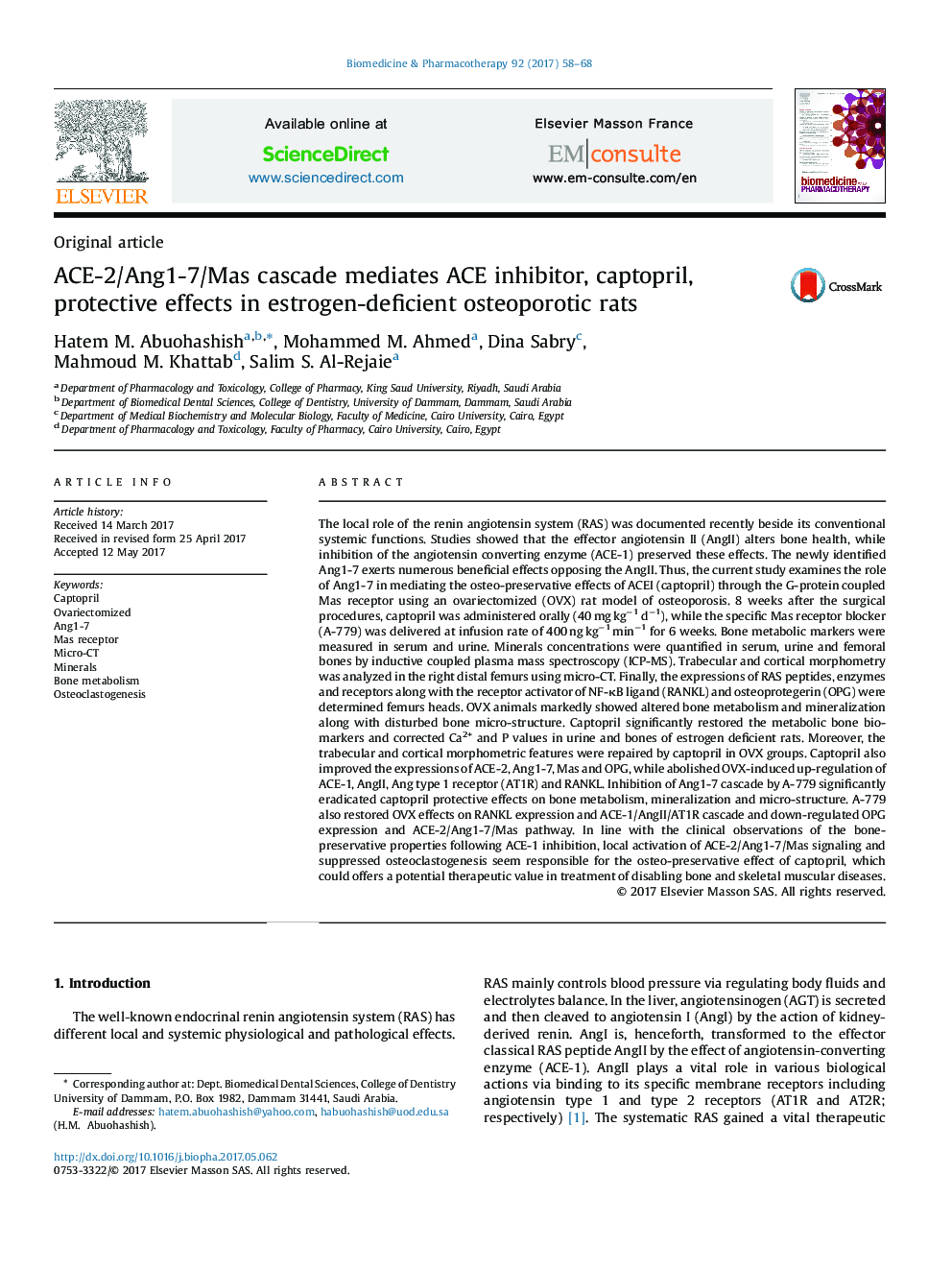 ACE-2/Ang1-7/Mas cascade mediates ACE inhibitor, captopril, protective effects in estrogen-deficient osteoporotic rats