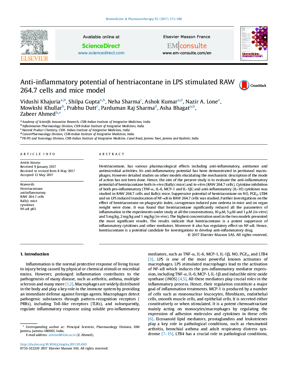 Anti-inflammatory potential of hentriacontane in LPS stimulated RAW 264.7 cells and mice model