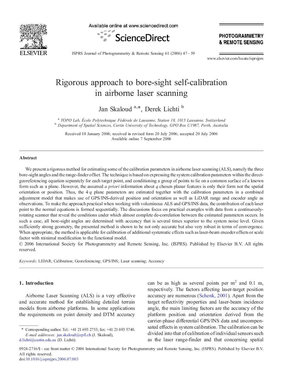 Rigorous approach to bore-sight self-calibration in airborne laser scanning