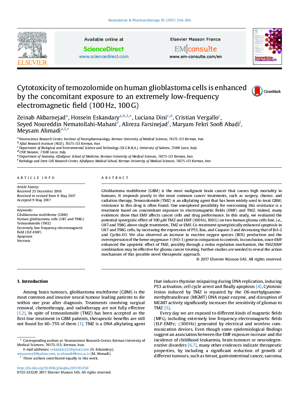 Cytotoxicity of temozolomide on human glioblastoma cells is enhanced by the concomitant exposure to an extremely low-frequency electromagnetic field (100 Hz, 100 G)