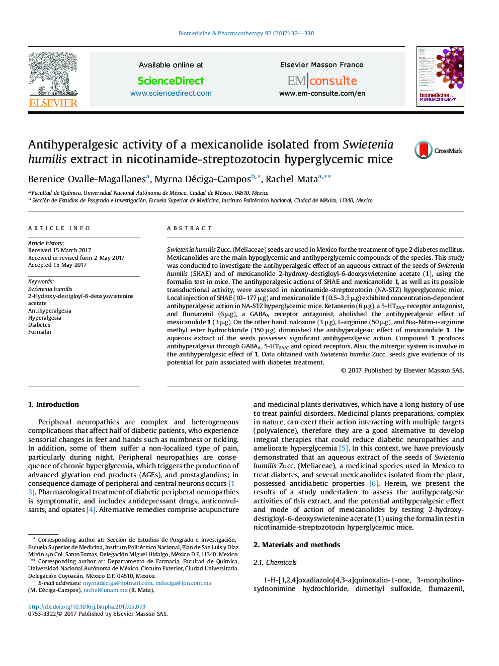 Antihyperalgesic activity of a mexicanolide isolated from Swietenia humilis extract in nicotinamide-streptozotocin hyperglycemic mice