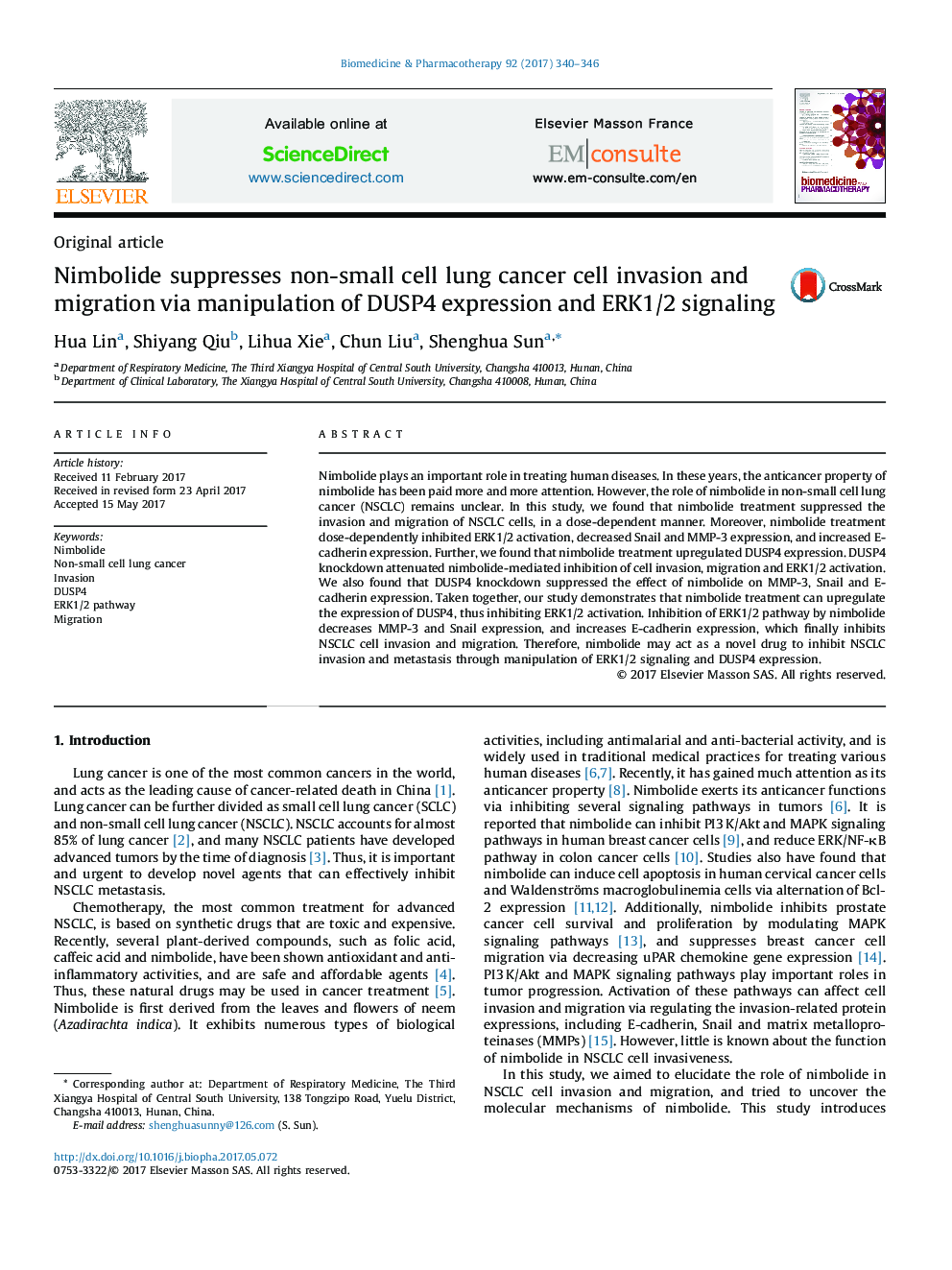 Nimbolide suppresses non-small cell lung cancer cell invasion and migration via manipulation of DUSP4 expression and ERK1/2 signaling