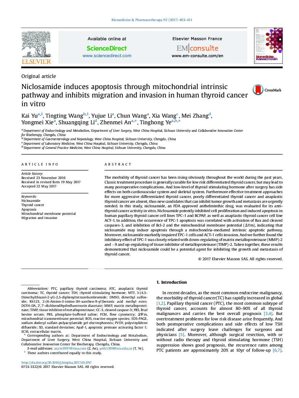 Niclosamide induces apoptosis through mitochondrial intrinsic pathway and inhibits migration and invasion in human thyroid cancer in vitro