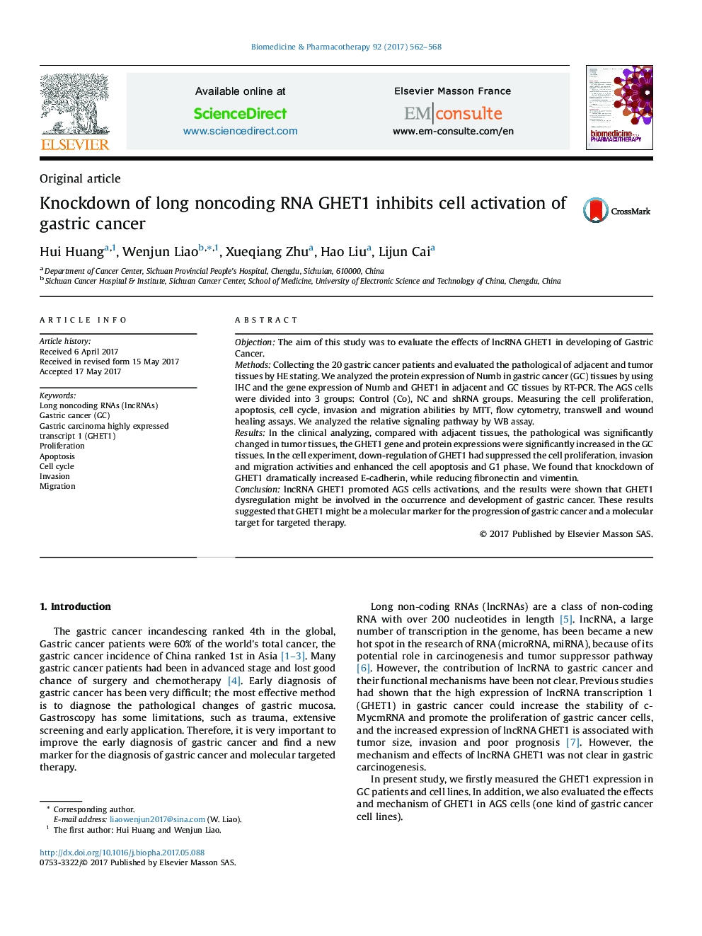 Knockdown of long noncoding RNA GHET1 inhibits cell activation of gastric cancer