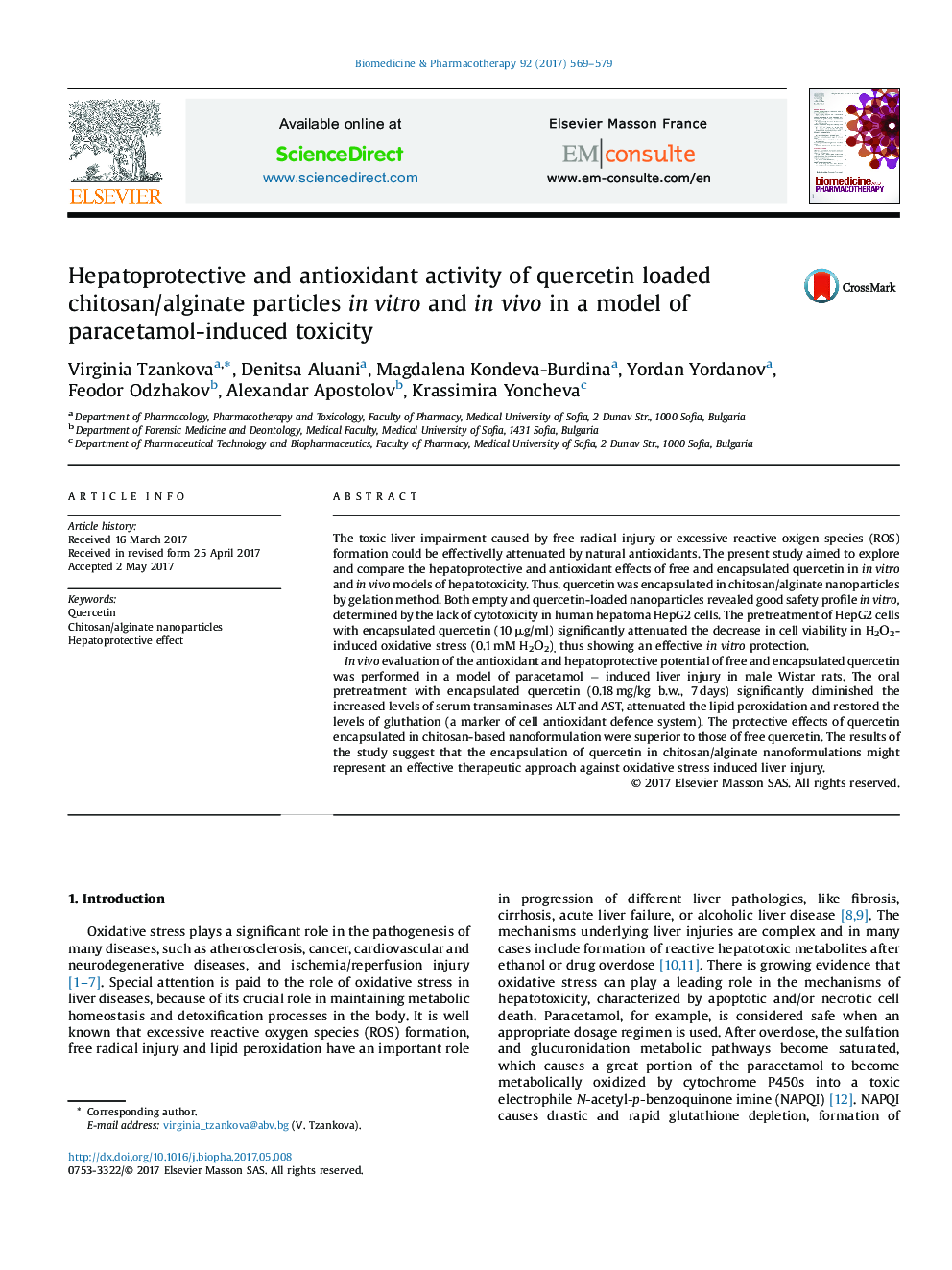 Hepatoprotective and antioxidant activity of quercetin loaded chitosan/alginate particles in vitro and in vivo in a model of paracetamol-induced toxicity