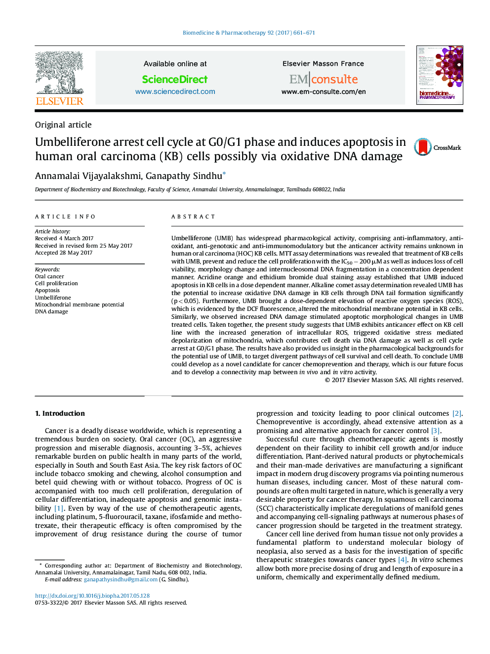 Umbelliferone arrest cell cycle at G0/G1 phase and induces apoptosis in human oral carcinoma (KB) cells possibly via oxidative DNA damage