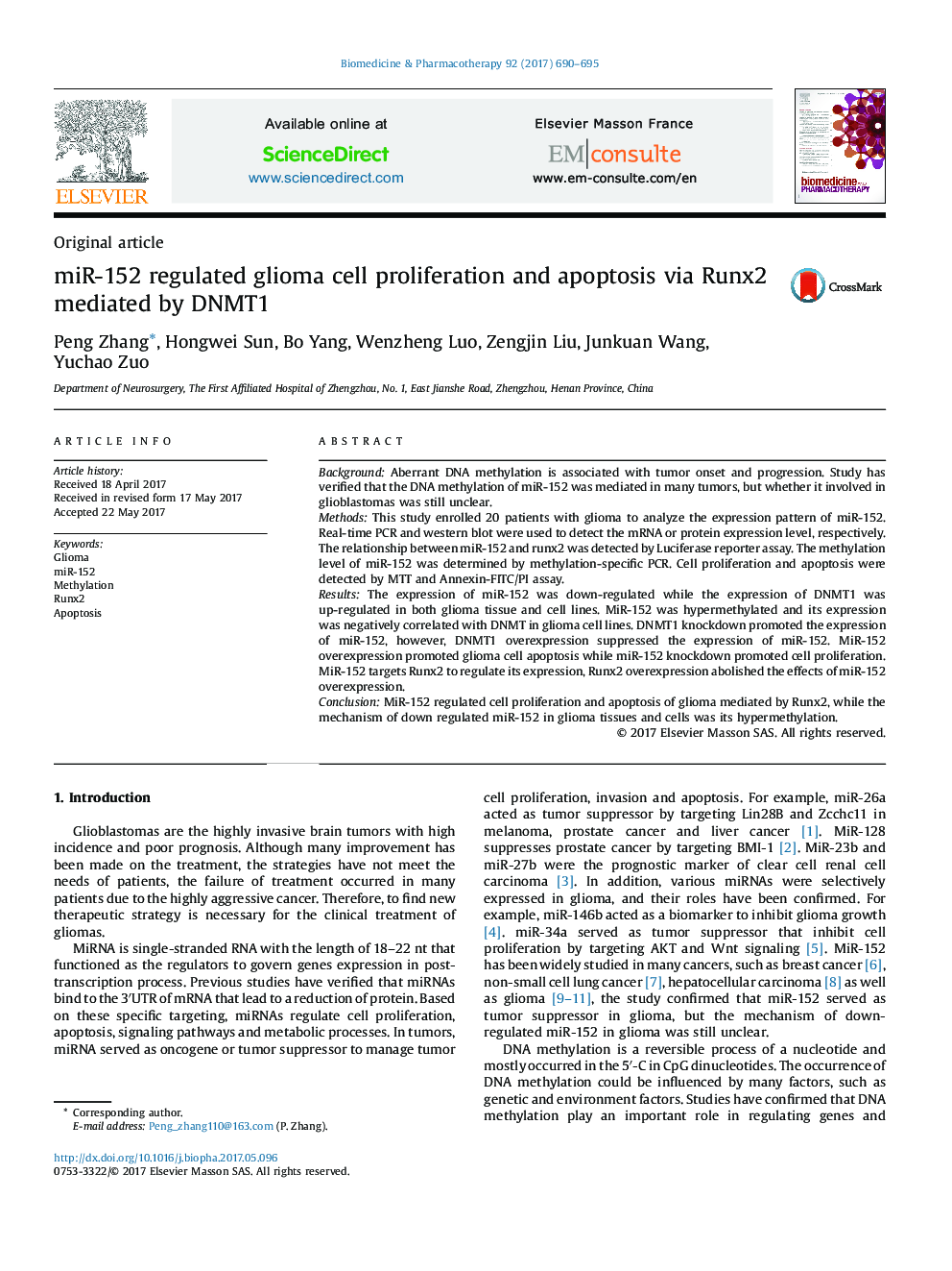 miR-152 regulated glioma cell proliferation and apoptosis via Runx2 mediated by DNMT1