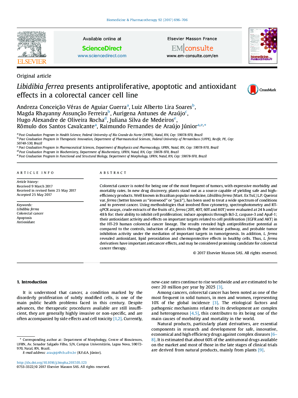 Libidibia ferrea presents antiproliferative, apoptotic and antioxidant effects in a colorectal cancer cell line