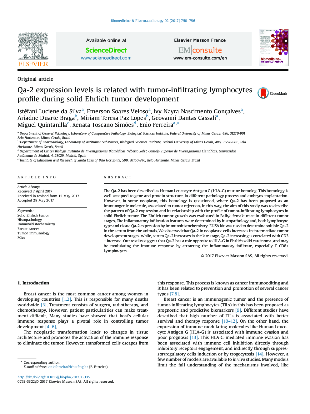 Qa-2 expression levels is related with tumor-infiltrating lymphocytes profile during solid Ehrlich tumor development