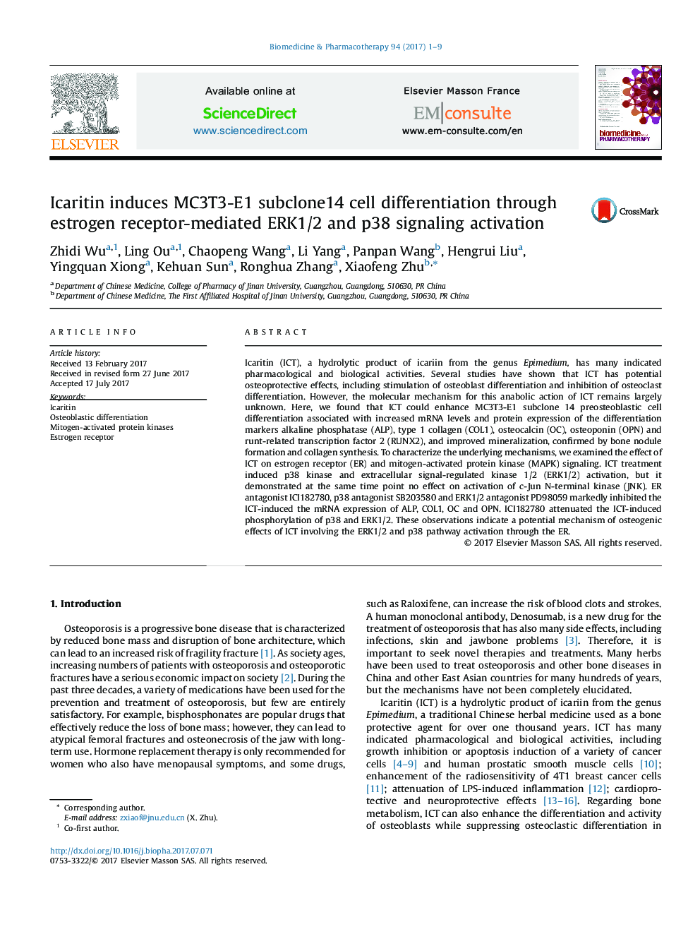 Icaritin induces MC3T3-E1 subclone14 cell differentiation through estrogen receptor-mediated ERK1/2 and p38 signaling activation