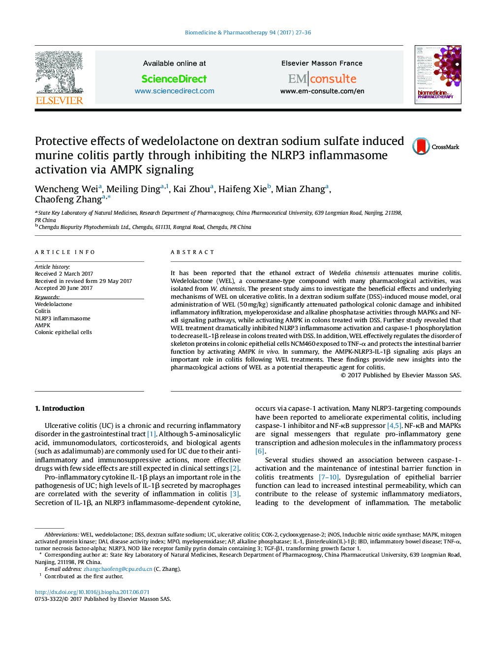 Protective effects of wedelolactone on dextran sodium sulfate induced murine colitis partly through inhibiting the NLRP3 inflammasome activation via AMPK signaling