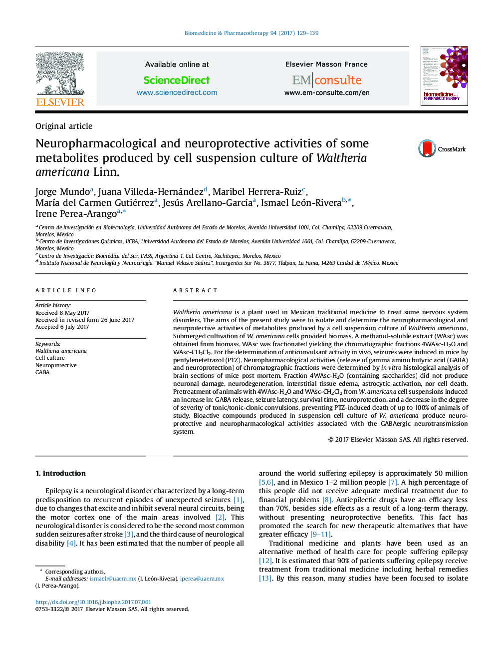 Neuropharmacological and neuroprotective activities of some metabolites produced by cell suspension culture of Waltheria americana Linn.