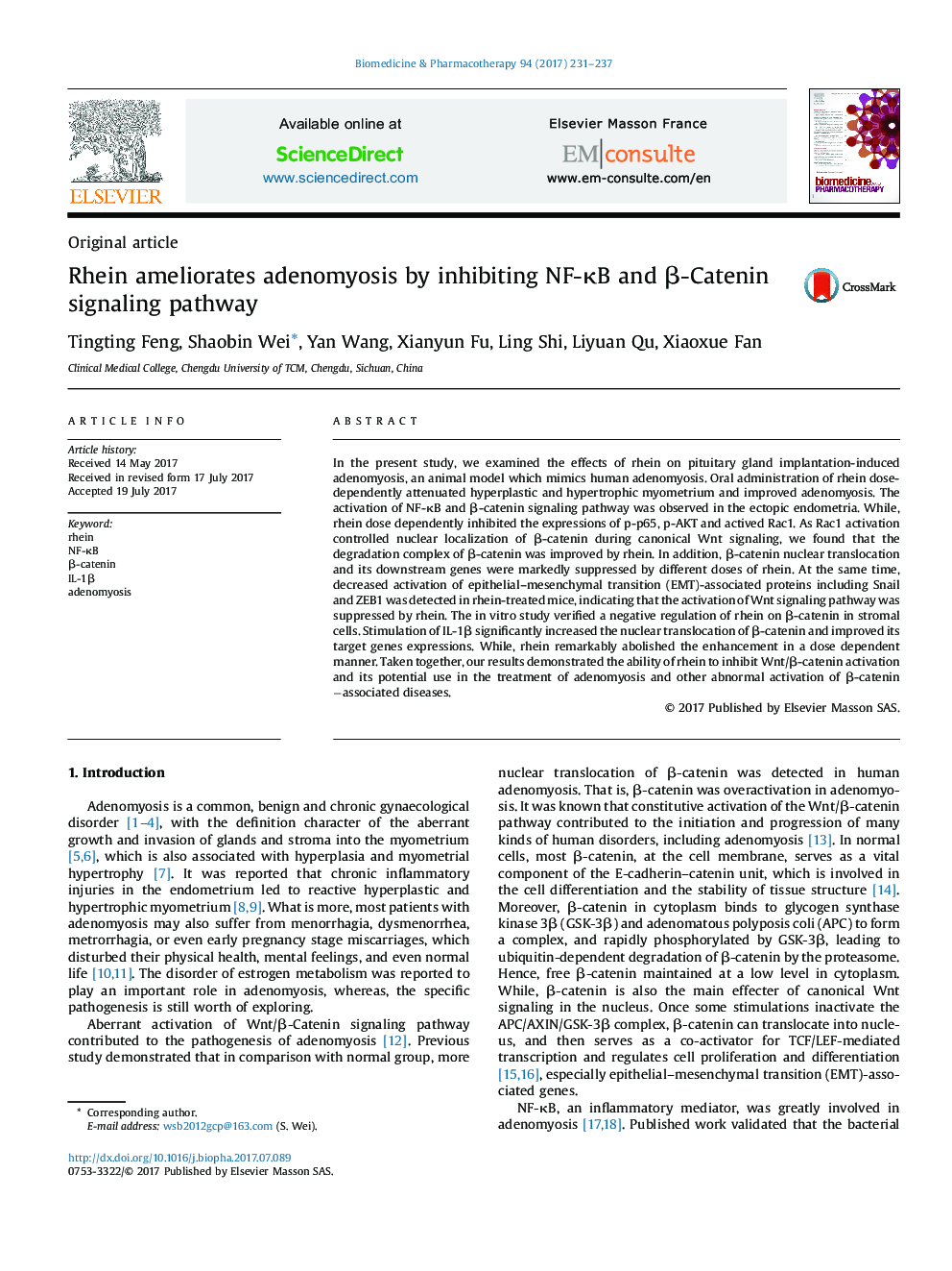 Rhein ameliorates adenomyosis by inhibiting NF-ÎºB and Î²-Catenin signaling pathway