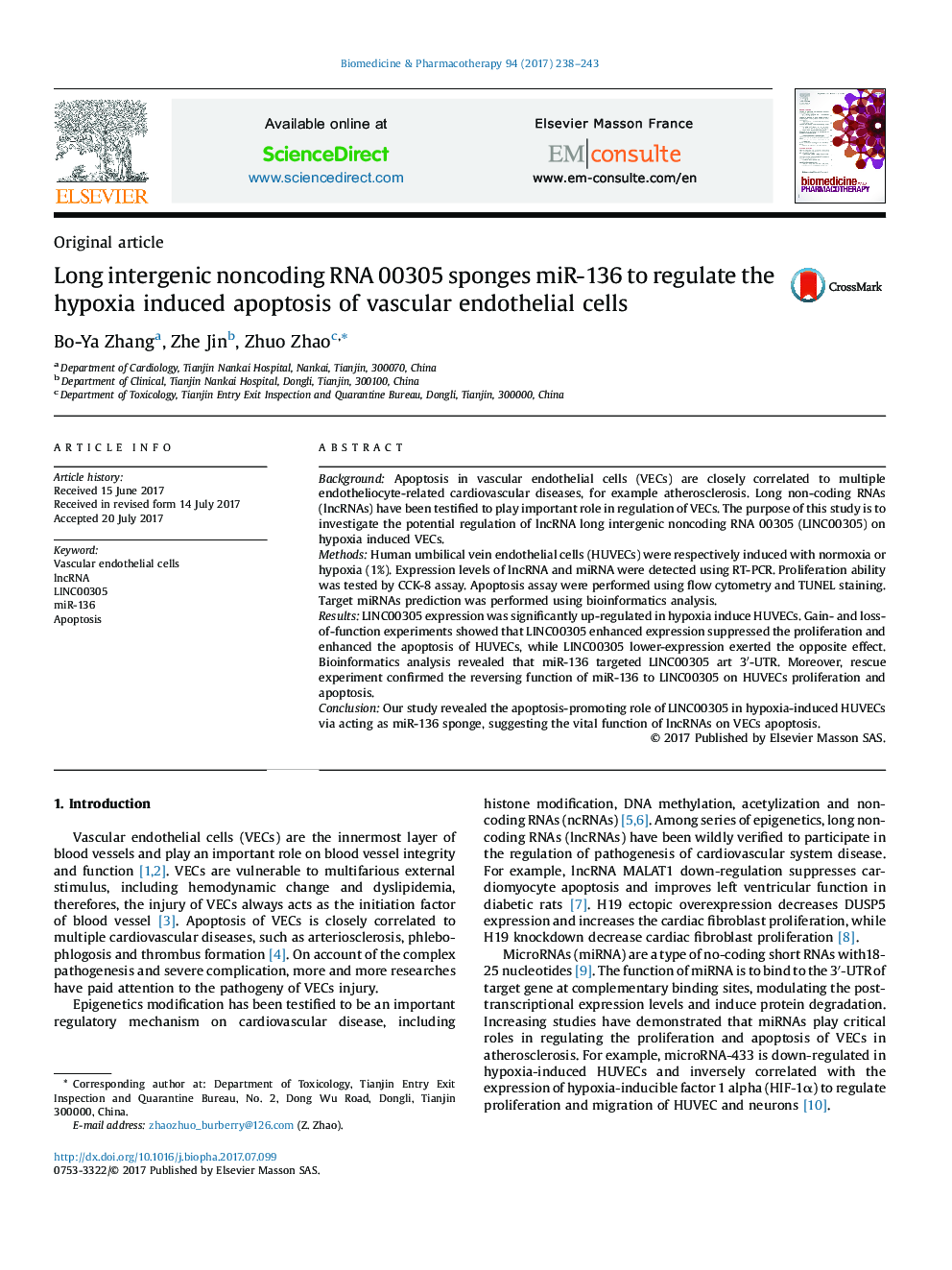 Long intergenic noncoding RNA 00305 sponges miR-136 to regulate the hypoxia induced apoptosis of vascular endothelial cells