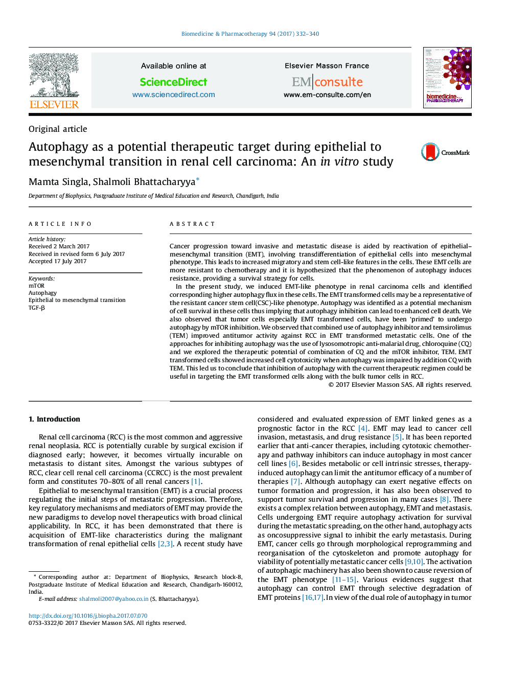 Autophagy as a potential therapeutic target during epithelial to mesenchymal transition in renal cell carcinoma: An in vitro study