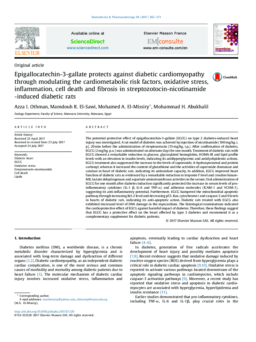 Epigallocatechin-3-gallate protects against diabetic cardiomyopathy through modulating the cardiometabolic risk factors, oxidative stress, inflammation, cell death and fibrosis in streptozotocin-nicotinamide-induced diabetic rats