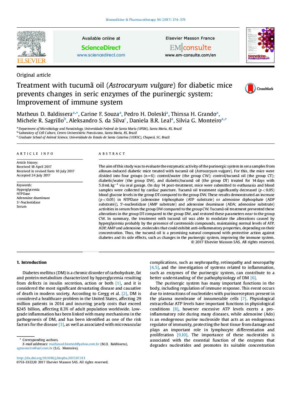 Treatment with tucumÃ£ oil (Astrocaryum vulgare) for diabetic mice prevents changes in seric enzymes of the purinergic system: Improvement of immune system