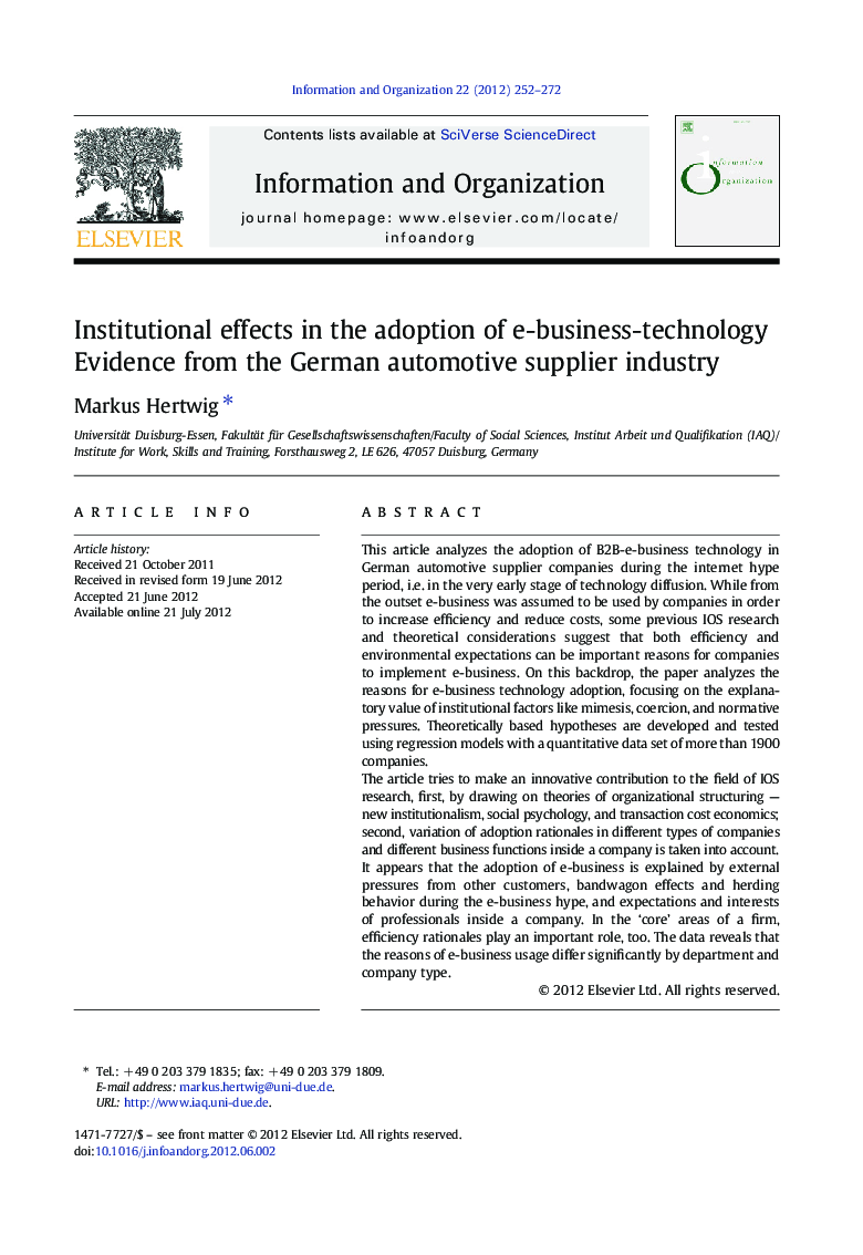 Institutional effects in the adoption of e-business-technology: Evidence from the German automotive supplier industry