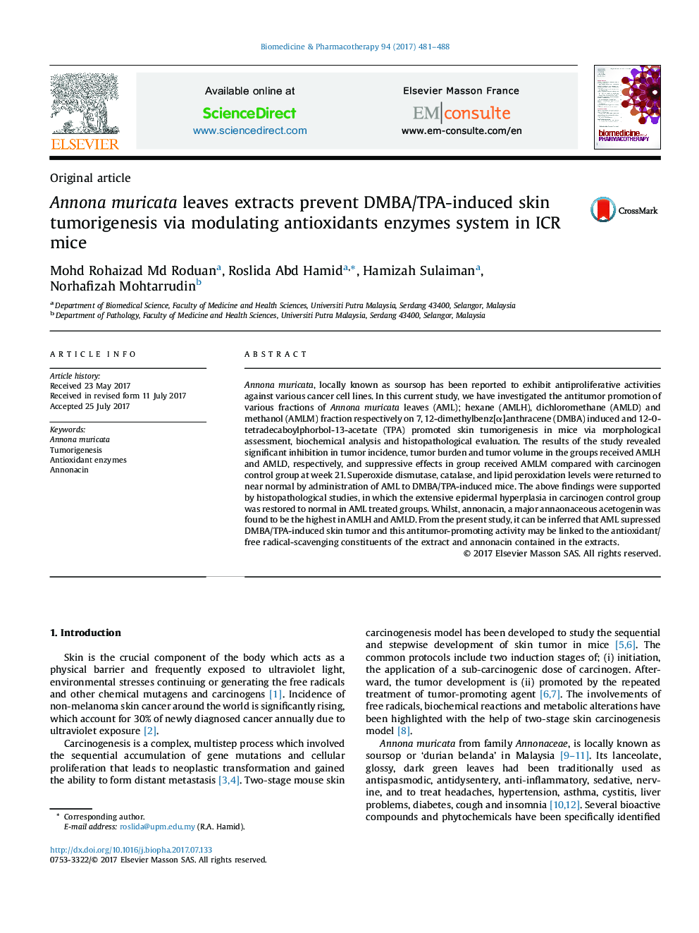 Annona muricata leaves extracts prevent DMBA/TPA-induced skin tumorigenesis via modulating antioxidants enzymes system in ICR mice