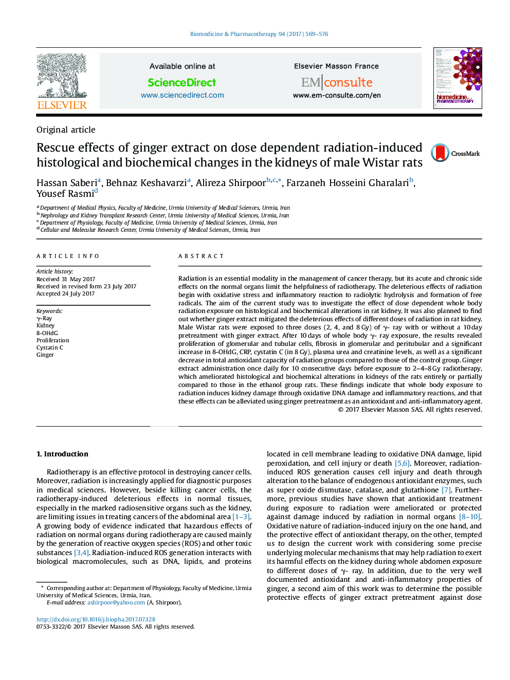 Rescue effects of ginger extract on dose dependent radiation-induced histological and biochemical changes in the kidneys of male Wistar rats