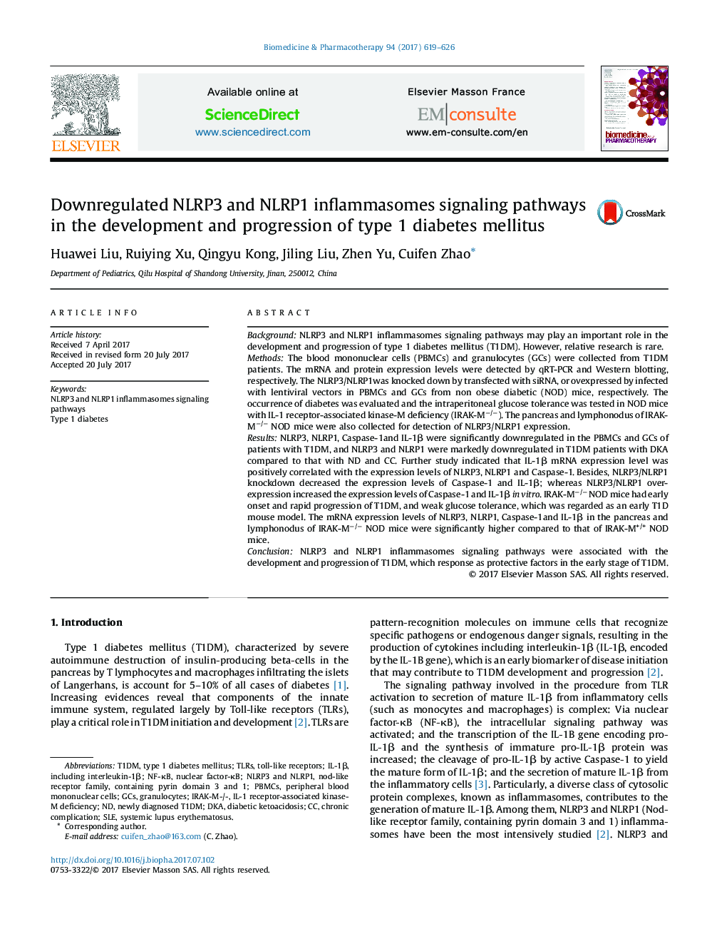 Downregulated NLRP3 and NLRP1 inflammasomes signaling pathways in the development and progression of type 1 diabetes mellitus