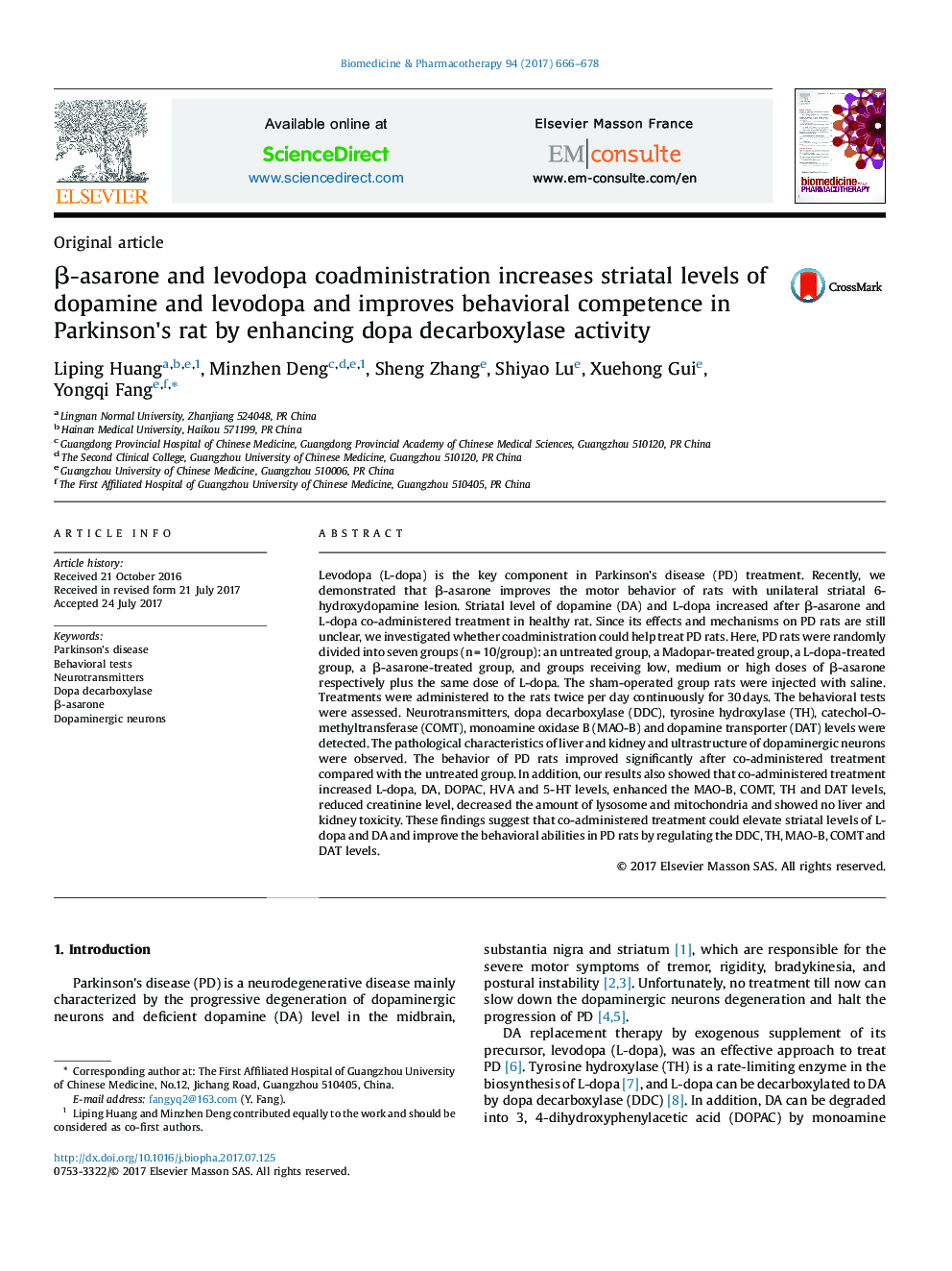 Î²-asarone and levodopa coadministration increases striatal levels of dopamine and levodopa and improves behavioral competence in Parkinson's rat by enhancing dopa decarboxylase activity