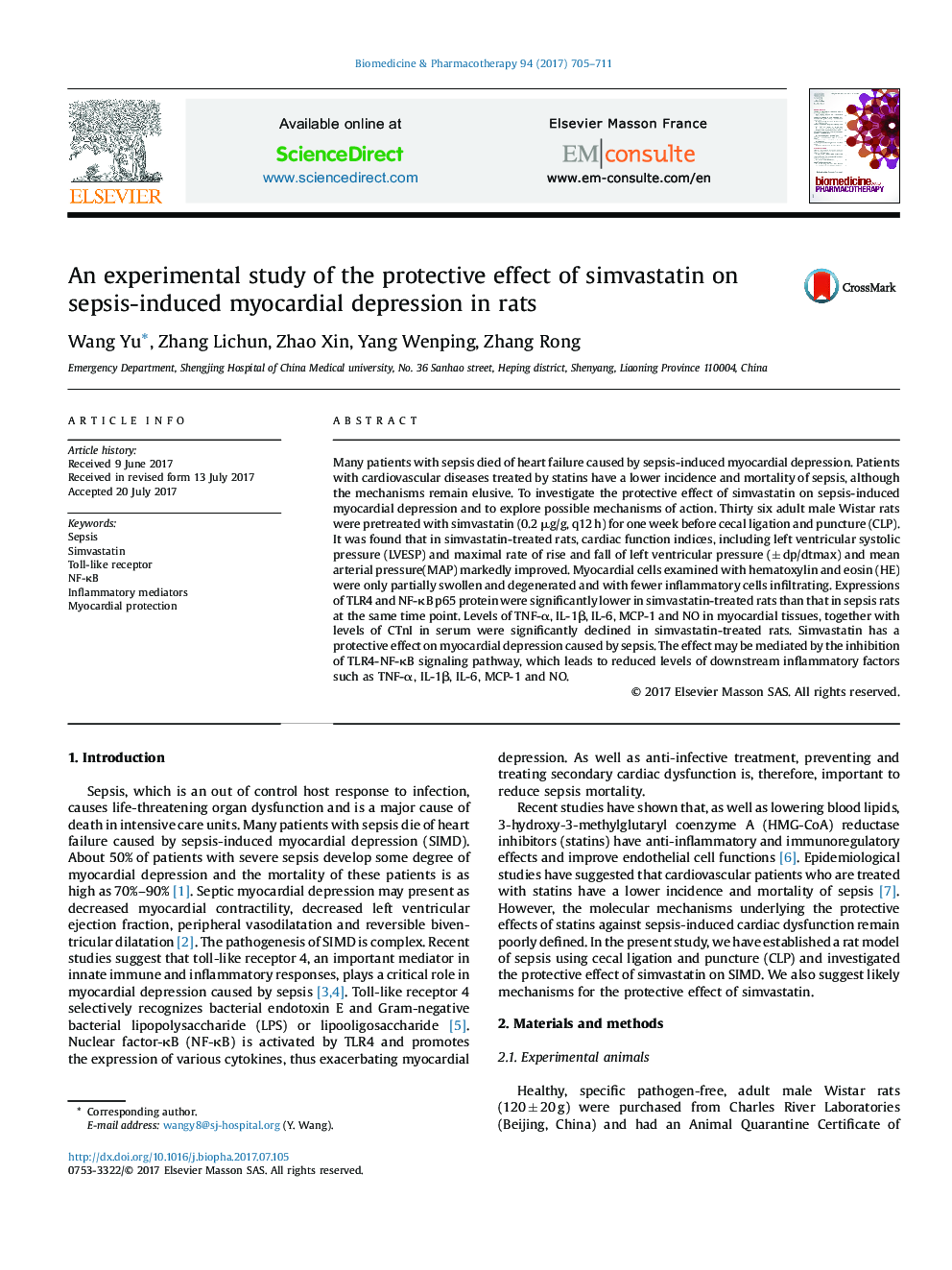 An experimental study of the protective effect of simvastatin on sepsis-induced myocardial depression in rats