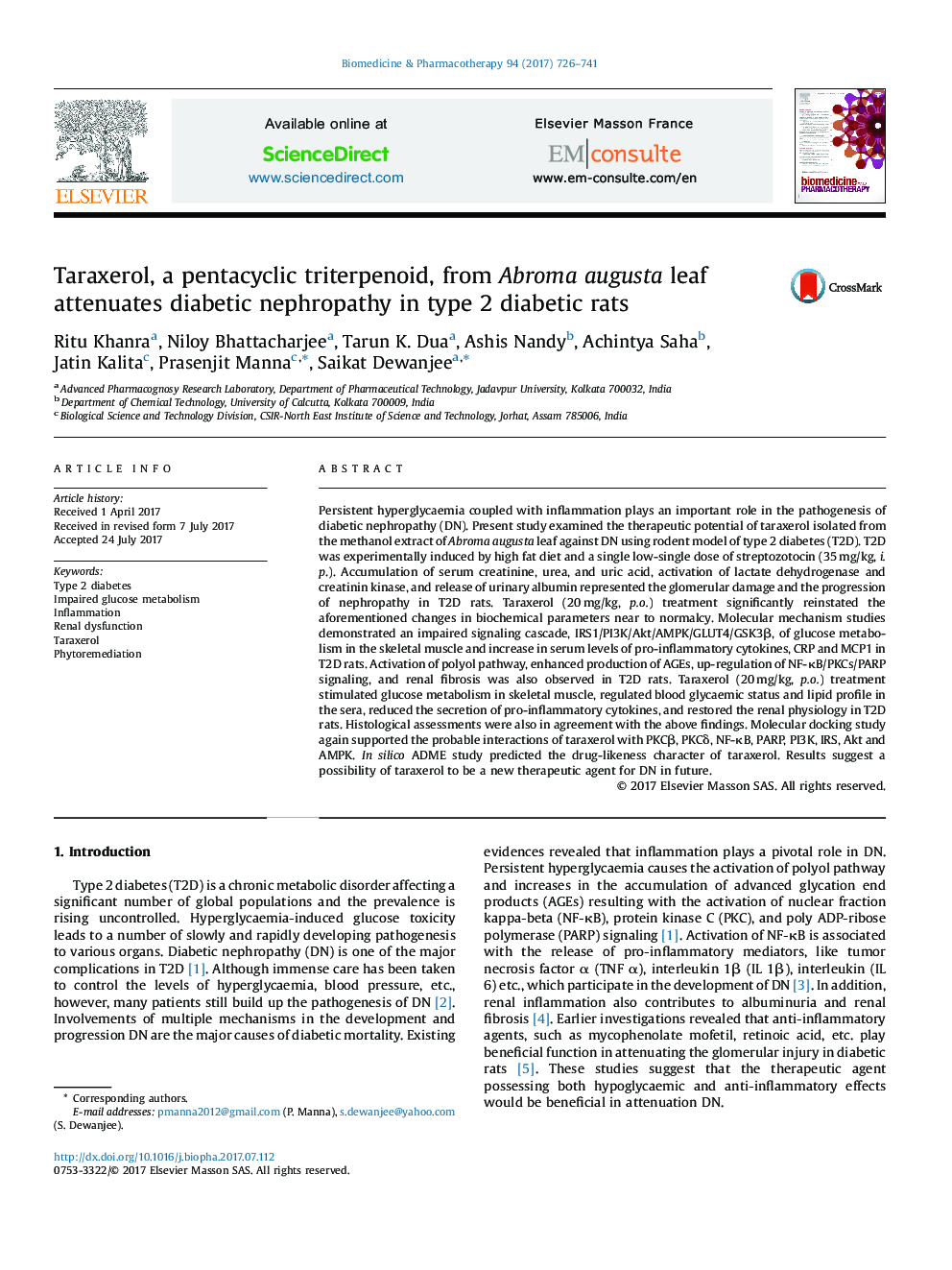 Taraxerol, a pentacyclic triterpenoid, from Abroma augusta leaf attenuates diabetic nephropathy in type 2 diabetic rats