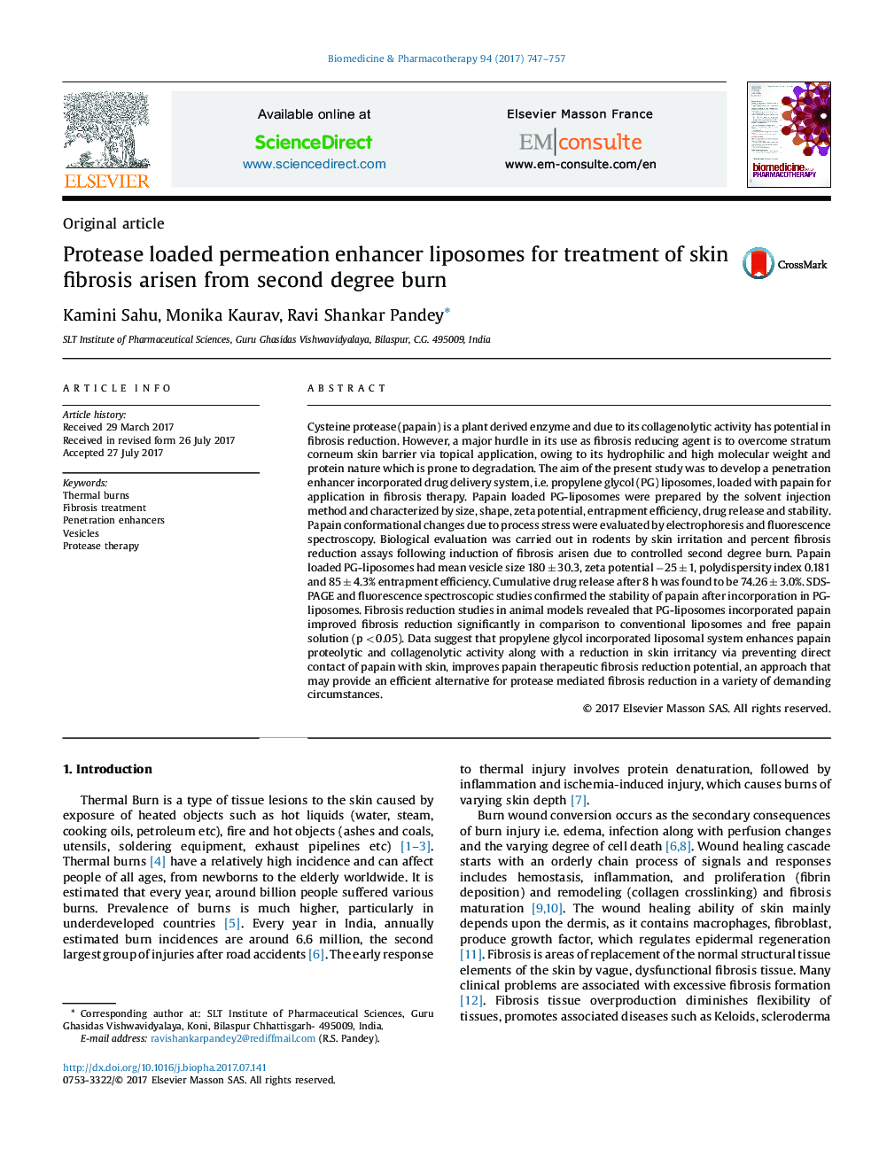 Protease loaded permeation enhancer liposomes for treatment of skin fibrosis arisen from second degree burn