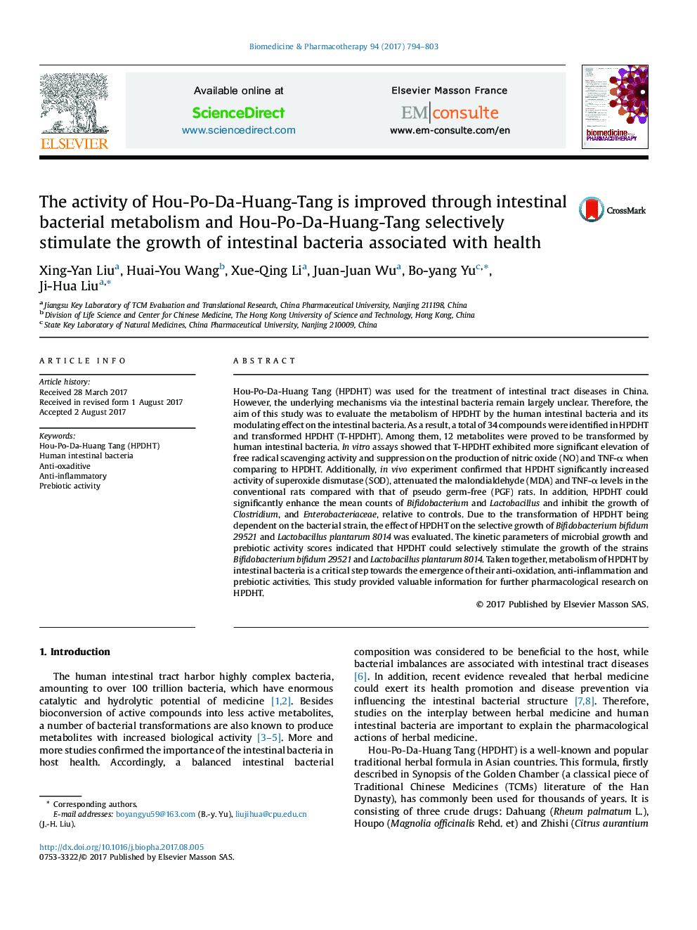 The activity of Hou-Po-Da-Huang-Tang is improved through intestinal bacterial metabolism and Hou-Po-Da-Huang-Tang selectively stimulate the growth of intestinal bacteria associated with health