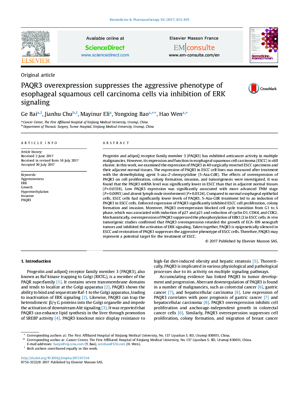 PAQR3 overexpression suppresses the aggressive phenotype of esophageal squamous cell carcinoma cells via inhibition of ERK signaling