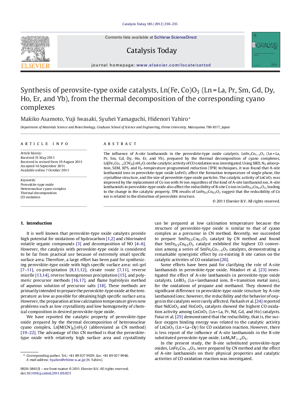 Synthesis of perovsite-type oxide catalysts, Ln(Fe, Co)O3 (Ln = La, Pr, Sm, Gd, Dy, Ho, Er, and Yb), from the thermal decomposition of the corresponding cyano complexes