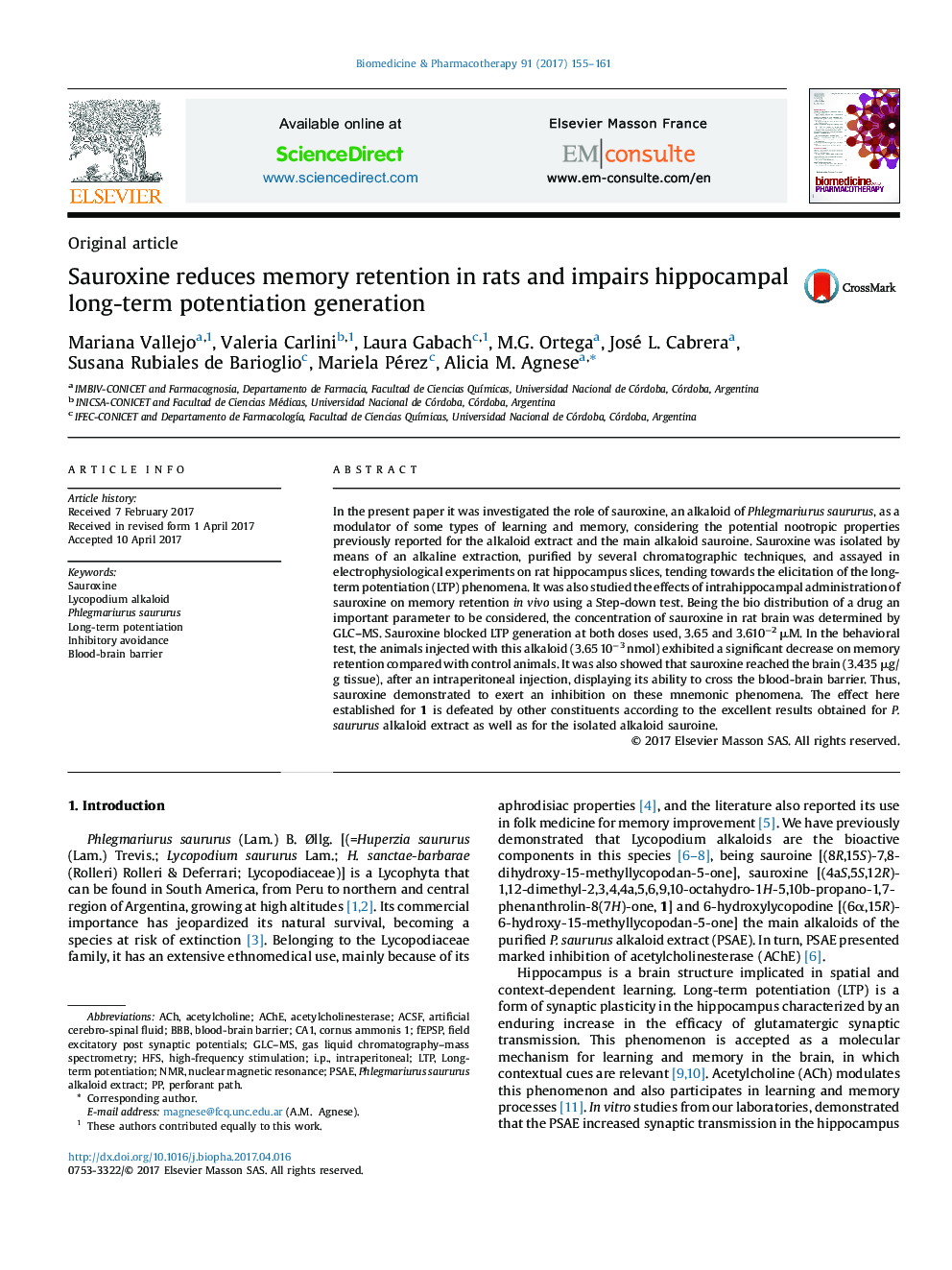 Sauroxine reduces memory retention in rats and impairs hippocampal long-term potentiation generation