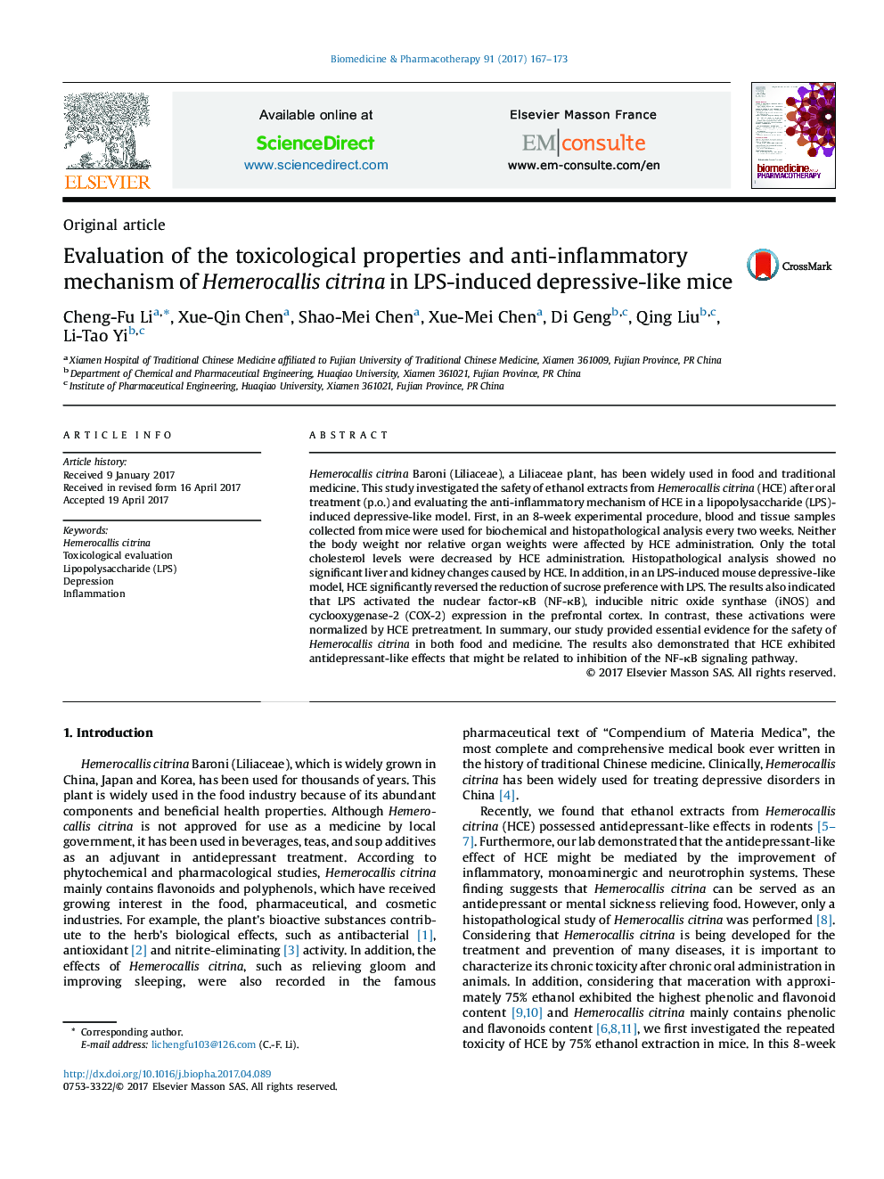 Evaluation of the toxicological properties and anti-inflammatory mechanism of Hemerocallis citrina in LPS-induced depressive-like mice