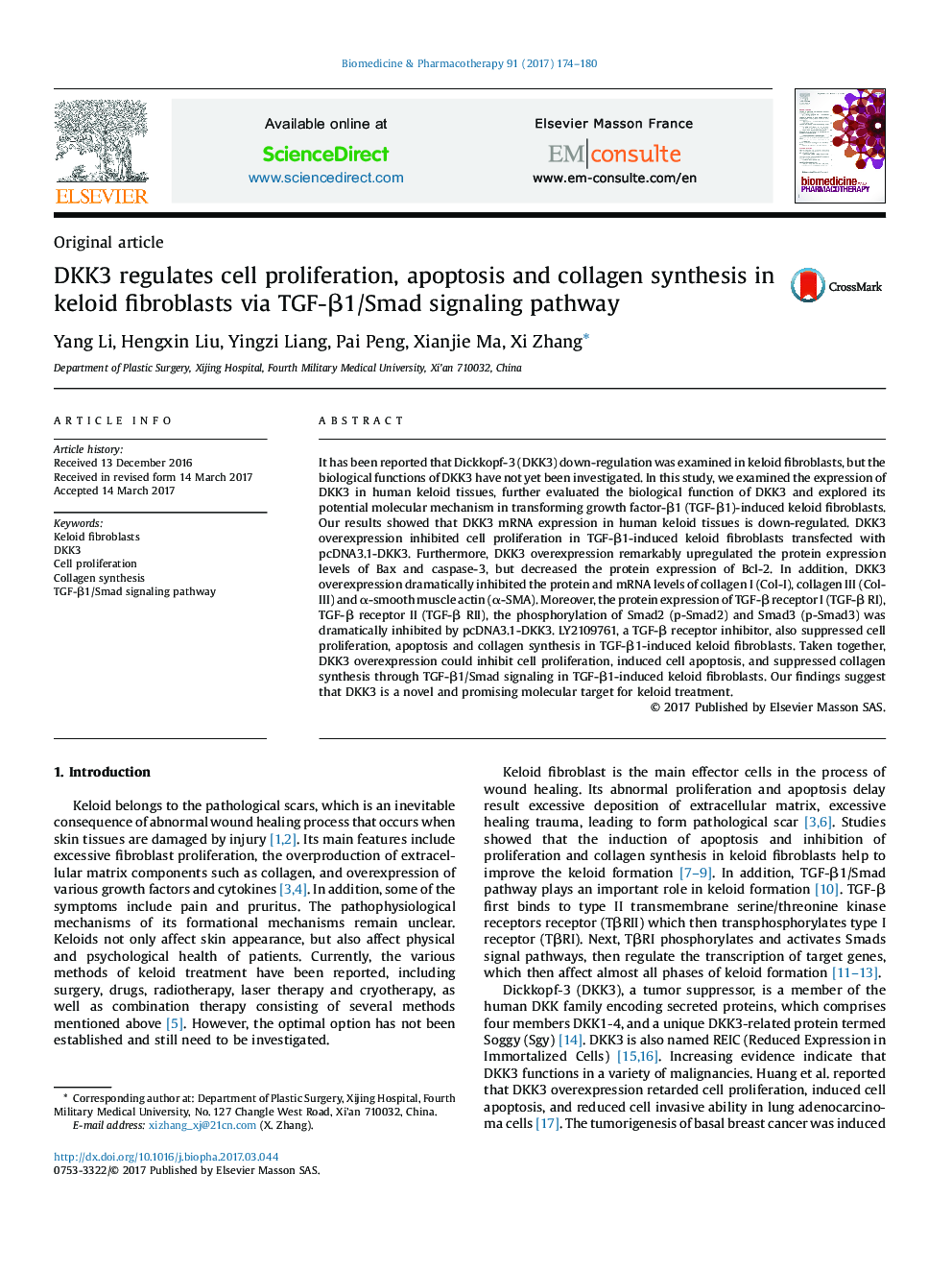 DKK3 regulates cell proliferation, apoptosis and collagen synthesis in keloid fibroblasts via TGF-Î²1/Smad signaling pathway