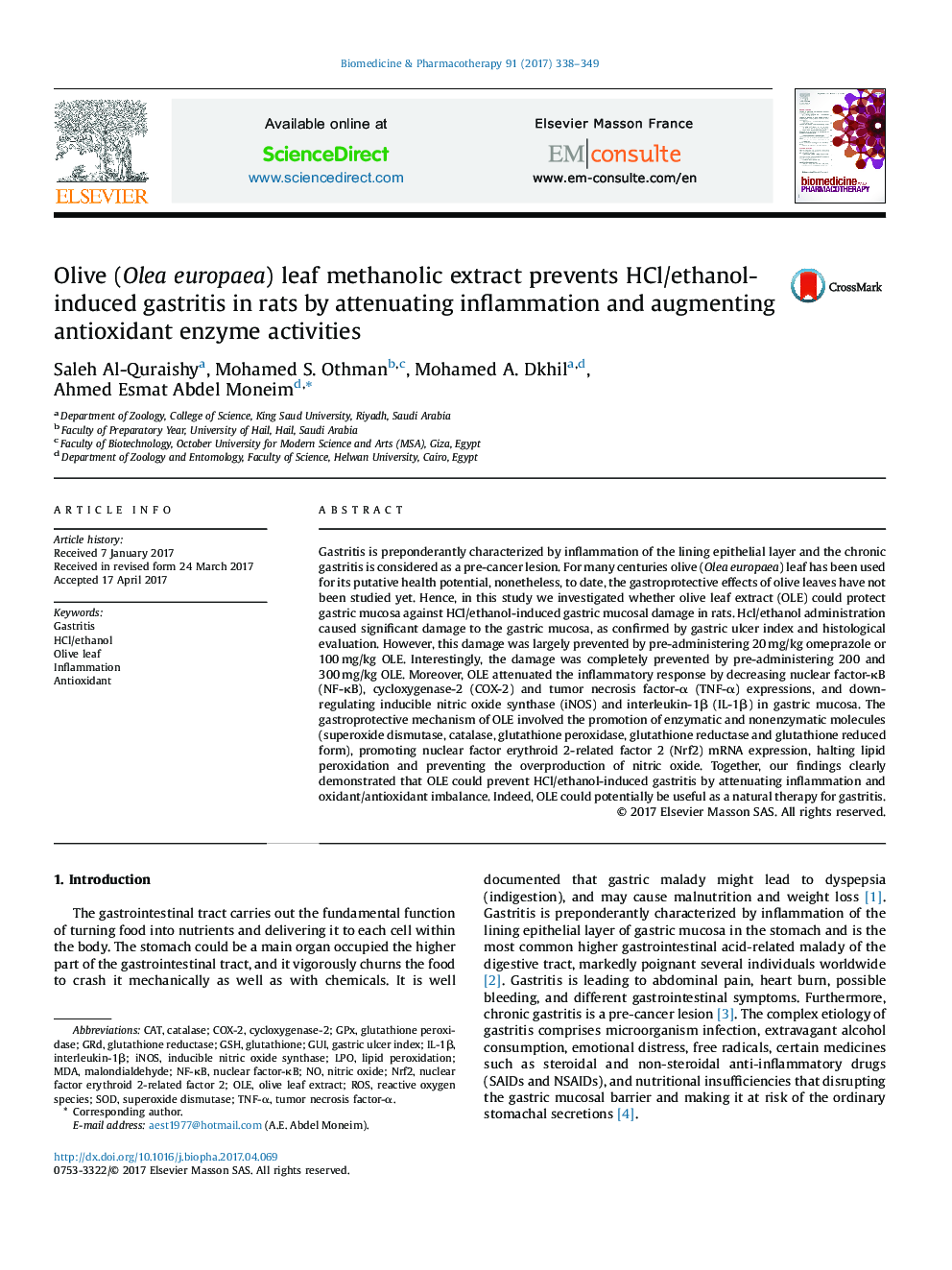 Olive (Olea europaea) leaf methanolic extract prevents HCl/ethanol-induced gastritis in rats by attenuating inflammation and augmenting antioxidant enzyme activities