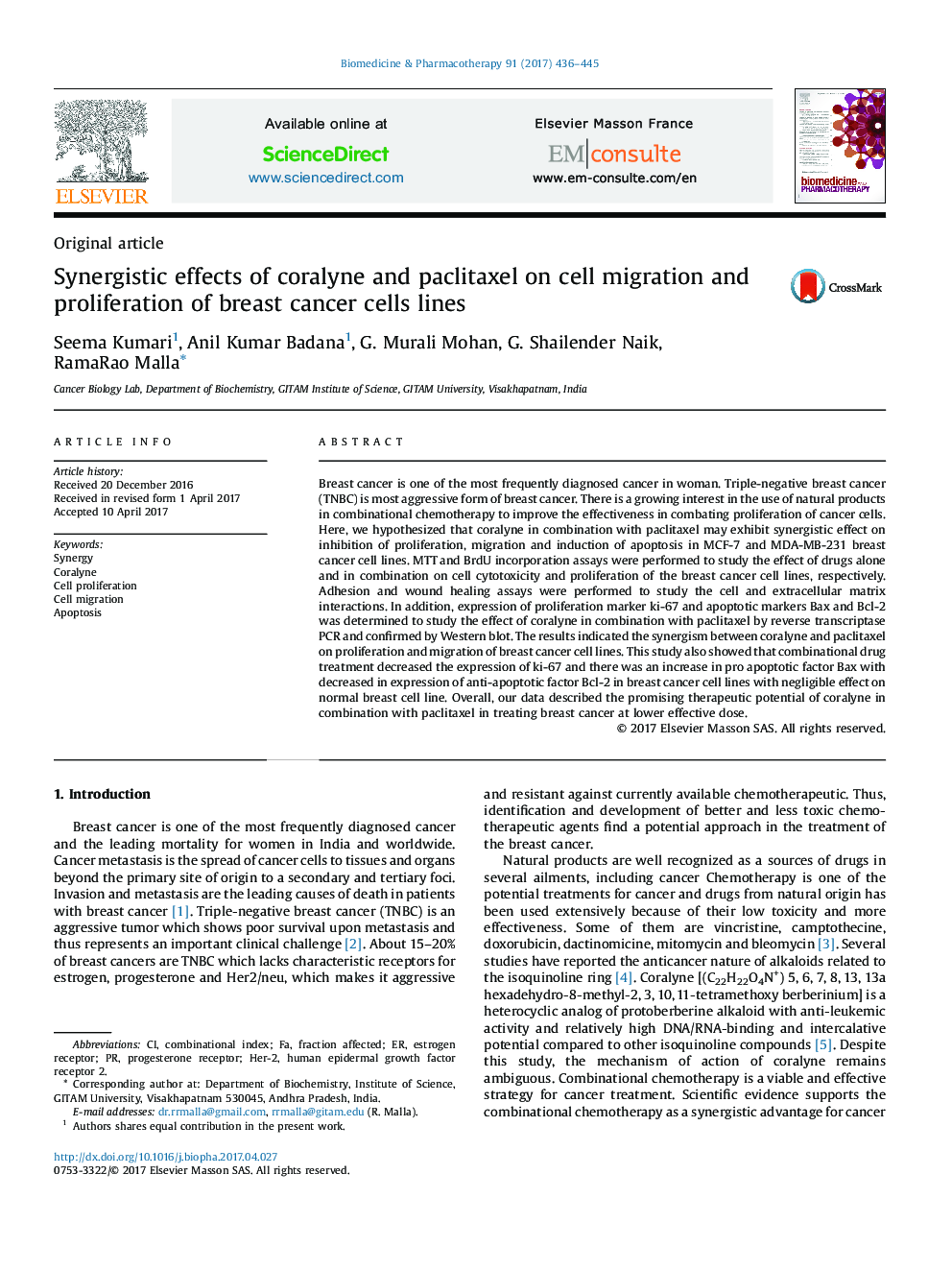 Synergistic effects of coralyne and paclitaxel on cell migration and proliferation of breast cancer cells lines