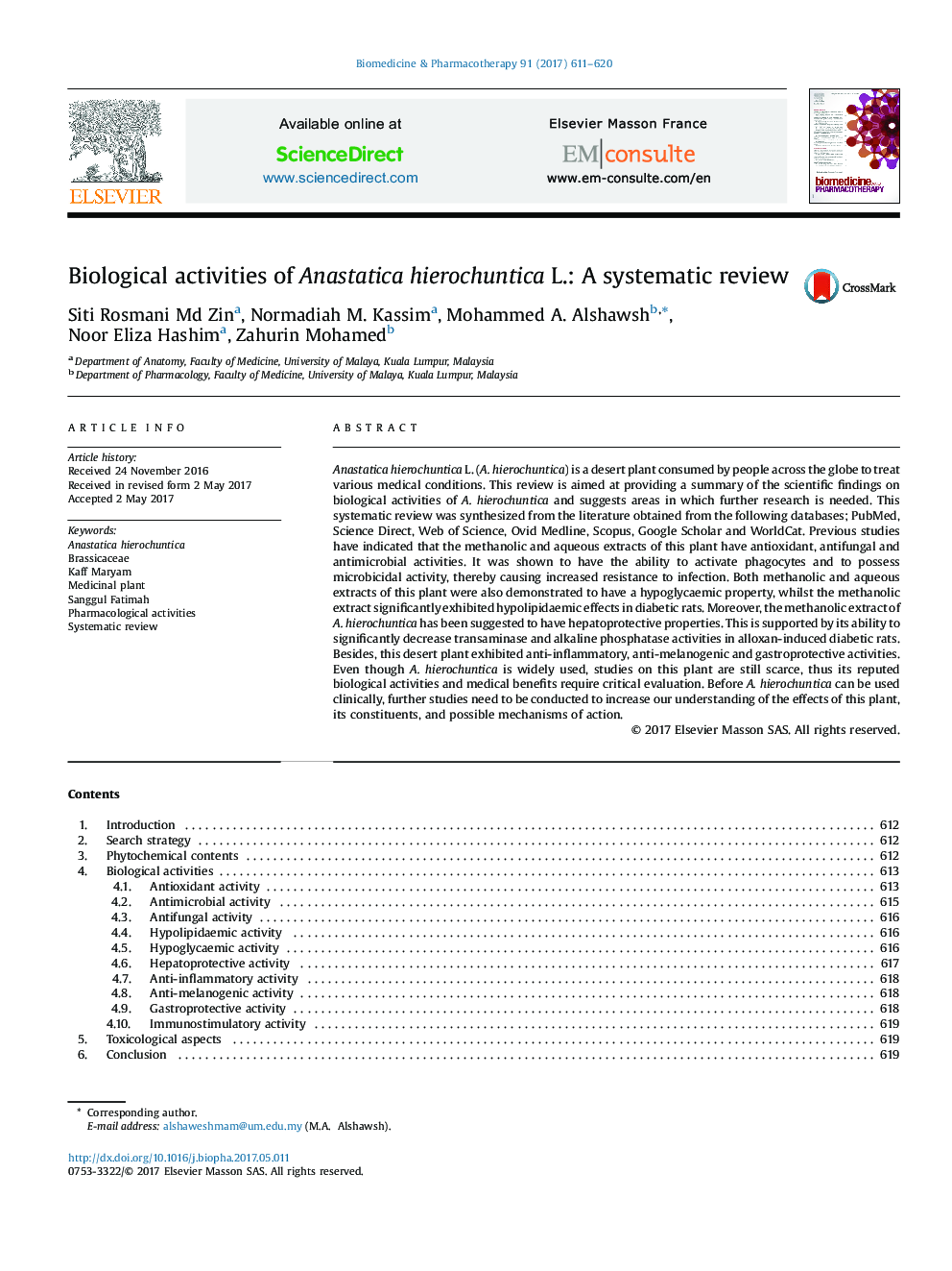 Biological activities of Anastatica hierochuntica L.: A systematic review