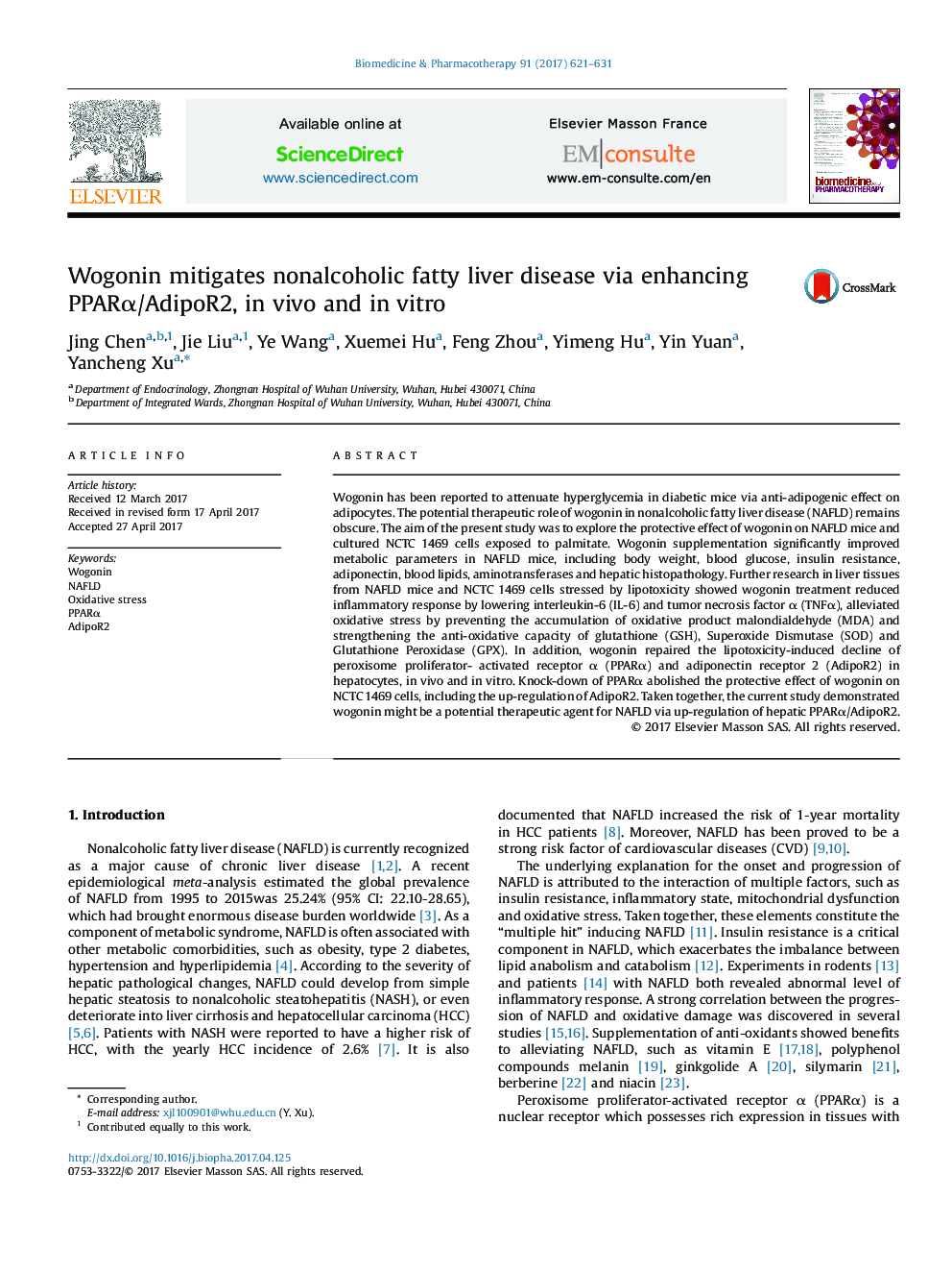 Wogonin mitigates nonalcoholic fatty liver disease via enhancing PPARÎ±/AdipoR2, in vivo and in vitro