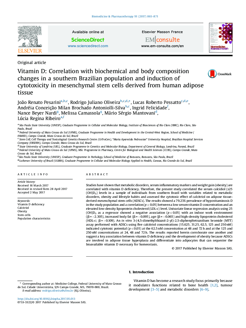 Vitamin D: Correlation with biochemical and body composition changes in a southern Brazilian population and induction of cytotoxicity in mesenchymal stem cells derived from human adipose tissue