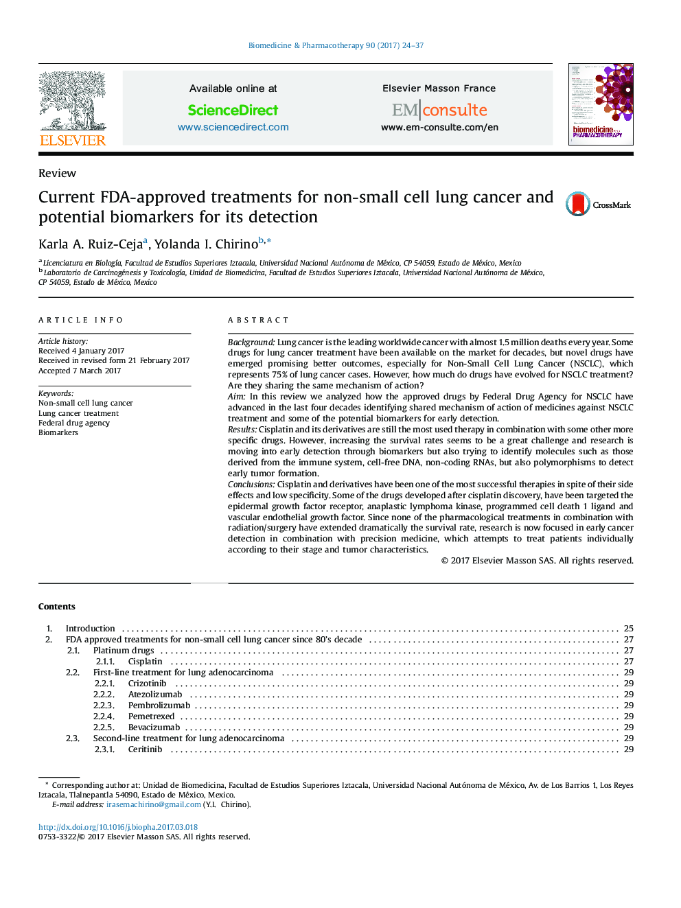 Current FDA-approved treatments for non-small cell lung cancer and potential biomarkers for its detection